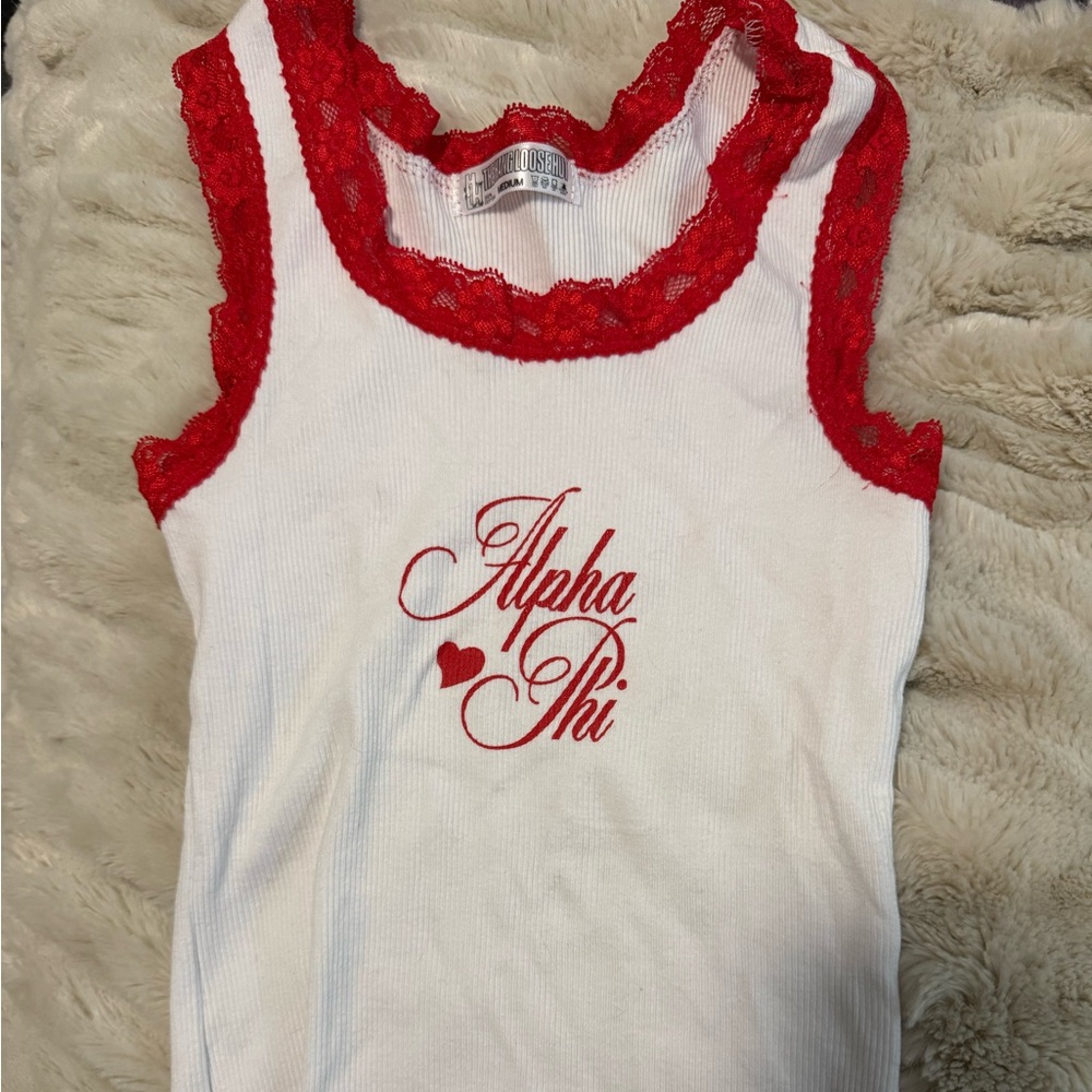 alpha phi ❤️ heart red lace ribbed tank white